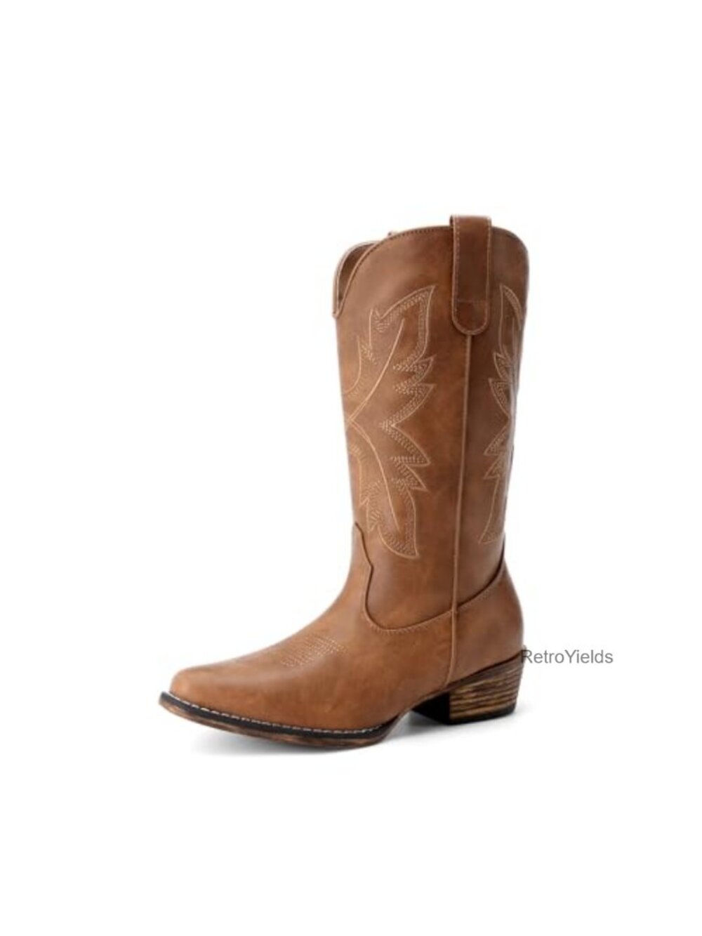 Women's Faux Leather Cowboy Cowgirl Boots Mid-Calf Block Heel Pull-On